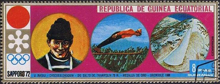 Stamp, Jiří Raška (1941-2012), Equatorial Guinea,  , Sport, Olympic Games, Skiing, Winter Sports, Ski-jump