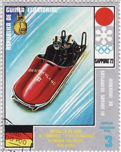 Stamp, Wolfgang Zimmerer (*1940), Peter Utzschneider (*1946), Equatorial Guinea,  , Sport, Olympic Games, Medals and Marks of Honour, Winter Sports, Bobsleigh