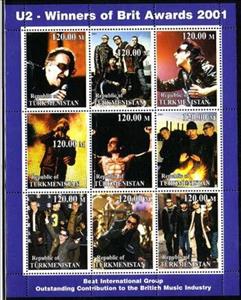 Mini Sheet, U2 - Winners of Brit Awards 2001, Turkmenistan,  , Famous People