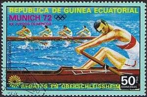 Stamp, Rowing C4, Equatorial Guinea,  , Ships, Sport, Aquatic Sports, Rowing, Olympic Games, Canoeing