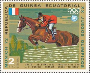 Stamp, Pierre Jonquères d’Oriola (1920-2011), Equatorial Guinea,  , Mammals, Sport, Horses, Olympic Games, Animals (Fauna), Equestrianism and horse riding