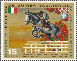 Stamp, Mauro Checcoli (*1943), Equatorial Guinea,  , Mammals, Sport, Horses, Olympic Games, Animals (Fauna), Equestrianism and horse riding