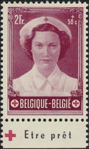 Stamp with Collectible Margin, Princess Joséphine-Charlotte Pub "Etre prêt" at the bottom, Belgium,  , Famous People, Princesses, Red Cross and Red Crescent, Royalty, Weddings, Women