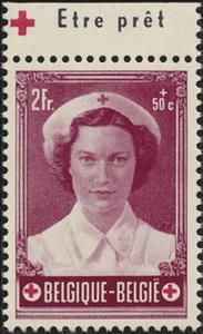 Stamp with Collectible Margin, Princess Joséphine-Charlotte Pub "Etre prêt" at the top, Belgium,  , Famous People, Princesses, Red Cross and Red Crescent, Royalty, Weddings, Women