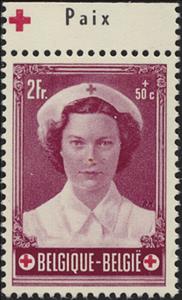 Stamp with Collectible Margin, Princess Joséphine-Charlotte Pub "Paix" at the top, Belgium,  , Famous People, Princesses, Red Cross and Red Crescent, Royalty, Weddings, Women