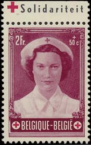 Stamp with Collectible Margin, Princess Joséphine-Charlotte Pub "Solidariteit" at the top, Belgium,  , Famous People, Princesses, Red Cross and Red Crescent, Royalty, Weddings, Women