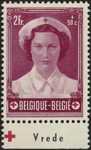 Stamp with Collectible Margin, Princess Joséphine-Charlotte Pub "Vrede" at the bottom, Belgium,  , Famous People, Princesses, Red Cross and Red Crescent, Royalty, Weddings, Women