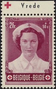 Stamp with Collectible Margin, Princess Joséphine-Charlotte Pub "Vrede" at the top, Belgium,  , Famous People, Princesses, Red Cross and Red Crescent, Royalty, Weddings, Women