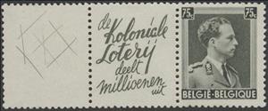 Stamp with Attached Label, PUB Koloniale Loterij + King Leopold III 75ct, Belgium,  , Famous People, Heads of State, Kings, Men, Royalty, Uniforms