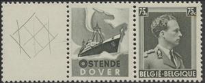 Stamp with Attached Label, PUB Oostende Dover + King Leopold III 75ct, Belgium,  , Famous People, Heads of State, Kings, Men, Royalty, Uniforms