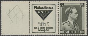 Stamp with Attached Label, PUB Philatélistes Unifil + King Leopold III 75ct, Belgium,  , Famous People, Heads of State, Kings, Men, Royalty, Uniforms