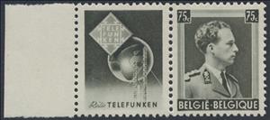 Stamp with Attached Label, PUB Telefunken + King Leopold III 75ct, Belgium,  , Famous People, Heads of State, Kings, Men, Royalty, Uniforms