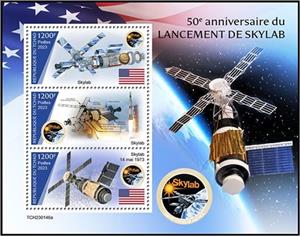 Mini Sheet, 50th Anniversary of the Launch of Skylab, Chad,  , Anniversaries and Jubilees, Spacecrafts