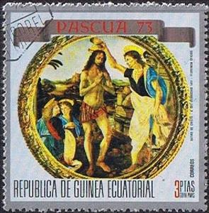 Stamp, Baptism of Christ (Verrocchio), Equatorial Guinea,  , Biblical Accounts, Paintings, Religion, Art, Easter