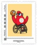 Stamp, Paris 2024 Mascots. Wheelchair basketball Phyrges, France,  , Basketball, Cartoons, Mascots, Olympic Games, Paralympics, Sports, Wheelchair Driving