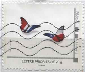 Stamp, Stylised Butterflies in red white and blue., France,  , Butterflies and Moths, Flags, Stylized Animals