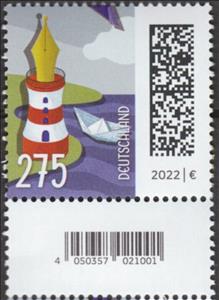 Stamp with Attached Label, Letter As Boat By Lighthouse, Germany, Federal Republic,  , Letters (Mail), Lighthouses, Mailboats, Stationery