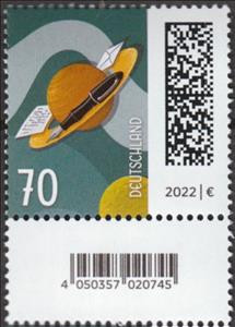 Stamp with Attached Label, Letters Around Saturn, Germany, Federal Republic,  , Letters (Mail), Outer Space, Planets