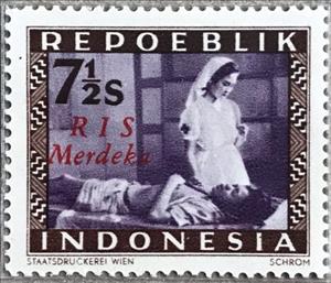 Stamp, Red Cross Nurse with Wounded Soldier, Indonesia,  , Red Cross and Red Crescent