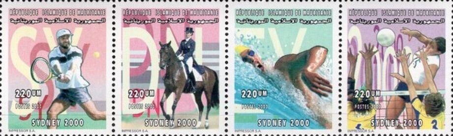 Se-tenant, Summer Olympics Sydney 2000, Mauritania,  , Equestrianism and horse riding, Olympic Games, Sports, Swimming, Tennis, Volleyball