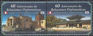Se-tenant, Diplomatic Relations with South Korea, 60 Years, Peru,  , Diplomacy, Flags, Monasteries, Palaces, Temples