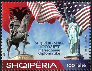 Stamp, Diplomatic Relations with USA, Centenary, Albania,  , Diplomacy, Flags, Horses, Statues