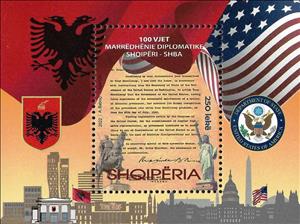 Souvenir Sheet, Diplomatic Relations with USA, Centenary, Albania,  , Diplomacy, Documents, Flags, Horses, Statues