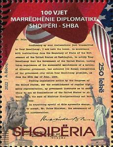 Stamp, Diplomatic Relations with USA, Centenary, Albania,  , Diplomacy, Documents, Flags, Horses, Statues
