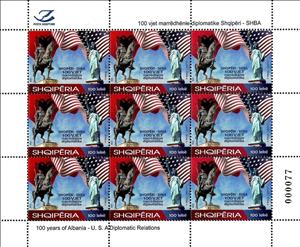 Full Pane, Diplomatic Relations with USA, Centenary, Albania,  , Diplomacy, Flags, Horses, Statues