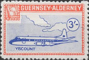Stamp, Airplane Definitive Issue 1967, Viscount, Alderney,  , Aircraft, Flags