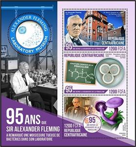 Mini Sheet, 95th Anniversary of the Discovery of Penicillin, Central African Republic,  , Anniversaries and Jubilees