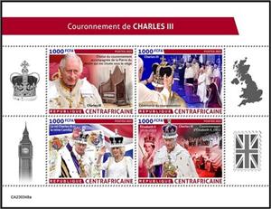 Mini Sheet, Coronation of King Charles III, Central African Republic,  , Famous People, Kings