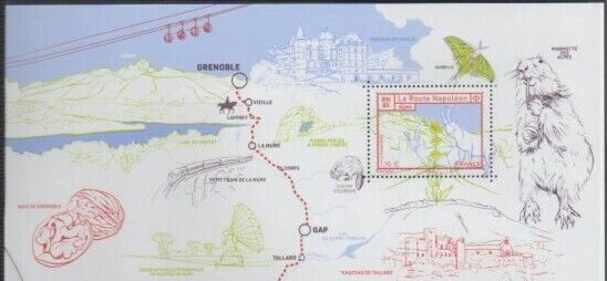 Souvenir Sheet, RN 85 in the Alps: (Sisteron) Tallard to Grenoble, France,  , Birds, Butterflies and Moths, Maps, Mountains, Olives, Ships