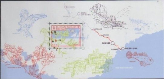 Souvenir Sheet, RN 85 in the Côte d'Azur: Golfe-Juan to Castellane, France,  , Birds, Maps, Mountains, Olives, Ships
