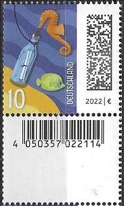 Stamp with Attached Label, Letter in a Bottle, Germany, Federal Republic,  , Animals (Fauna), Bottles, Fishes, Letters (Mail), Sea Life, Seahorses