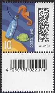 Stamp with Attached Label, Letter in a Bottle, Germany, Federal Republic,  , Animals (Fauna), Bottles, Fishes, Letters (Mail), Sea Life, Seahorses