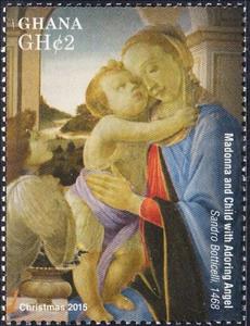 Stamp, Madonna and Child Adoring Angel, by Sandro Boticelli 1468, Ghana,  , Christmas, Paintings