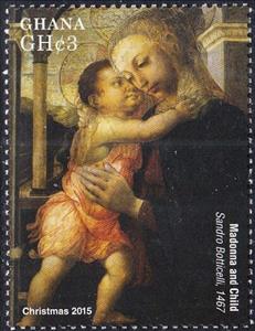 Stamp, Madonna and Child, by Sandro Boticelli 1467, Ghana,  , Christmas, Paintings