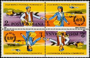 Tete-Beche, Stamp Day: Letter Carriers from 19th and 20th Centuries, Romania,  , Aircraft, Carriages, Horses, Postal Traffic, Postmen, Railways, Stamp Day, Vehicles