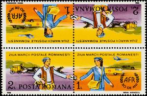 Tete-Beche, Stamp Day: Letter Carriers from 19th and 20th Centuries, Romania,  , Aircraft, Carriages, Horses, Postal Traffic, Postmen, Railways, Stamp Day, Vehicles