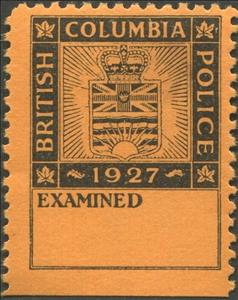 Stamp, Emblem of the British Columbia Provincial Police, British Columbia,  , Coats of Arms, Crowns and Coronets, Leaves, Plants (Flora), Police, Sun
