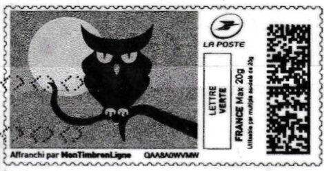 Stamp, Halloween Owl. Grey Background, France,  , Animals (Fauna), Birds, Birds of Prey, Halloween, Moon, Owls