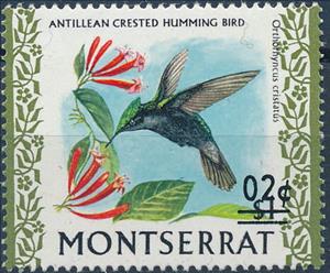 Stamp, Antillean Crested Hummingbird Surcharge 2c, Montserrat,  , Animals (Fauna), Birds, Hummingbirds