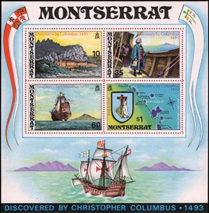 Souvenir Sheet, Discovery by Columbus 1493, Montserrat,  , Coats of Arms, Explorers, Maps, Monasteries, Sailing Ships, Ships
