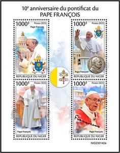 Mini Sheet, 10th Anniversary of the Pontificate of Pope Francis, Niger,  , Anniversaries and Jubilees, Popes