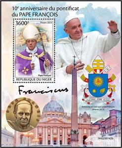 Souvenir Sheet, Pope Francis, Niger,  , Anniversaries and Jubilees, Popes