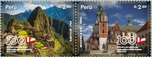 Se-tenant, Diplomatic Relations with Poland, Centenary, Peru,  , Churches - Cathedrals - Basilicas - Chapels, Diplomacy, Flags, UNESCO