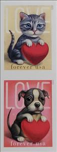 Se-tenant, Love : Kitten & Puppy, United States of America,  , Animals (Fauna), Cats, Dogs, Hearts, Love, Mammals