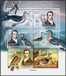 Mini Sheet, 210th Anniversary of the Death of Alexander Wilson, Central African Republic,  , Animals (Fauna), Anniversaries and Jubilees, Birds, Birds of Prey, Explorers, Famous People, Owls