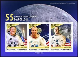 Mini Sheet, 55th Anniversary of the Launch of Apollo 8, Central African Republic,  , Anniversaries and Jubilees, Astronauts, Famous People, Outer Space, Space Traveling, Spacecrafts